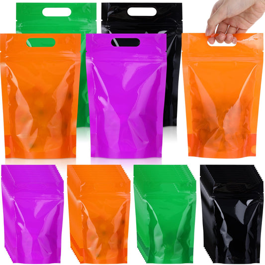 TaoBary 100 Pcs Halloween Resealable Treat Snack Candy Bags with Handle Halloween Plastic Goodie Bags Pouches with Window for Parties Gift Wrapping Supplies Small Business Cookies