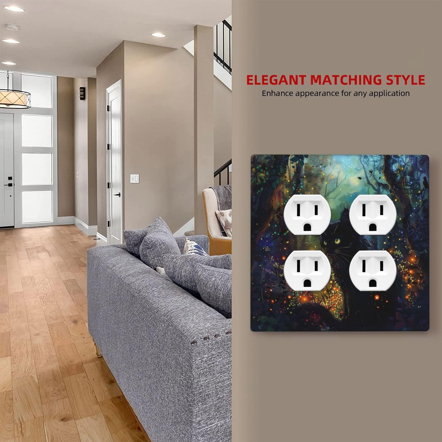 Spshian Decorative Outlet Covers Magic Fantasy Forest Mysterious Black Cat 2 Gang Decorative Switch Plate Double Duplex Wall Plates Switch Plates and Outlet Covers for Kid Room Bathroom Decor