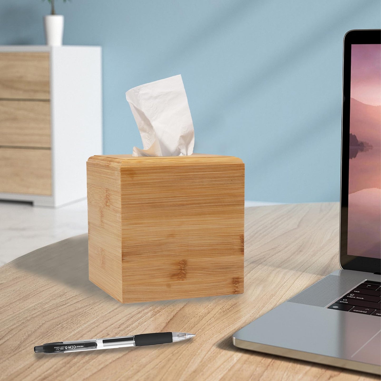 Tissue Box Cover Square for Kleenex - Handmade Tissue Holder for Tabletops, Bathroom, Office & Modern Farmhouse Decor - Decorative Bamboo Tissue Box Cover with Universal Fit