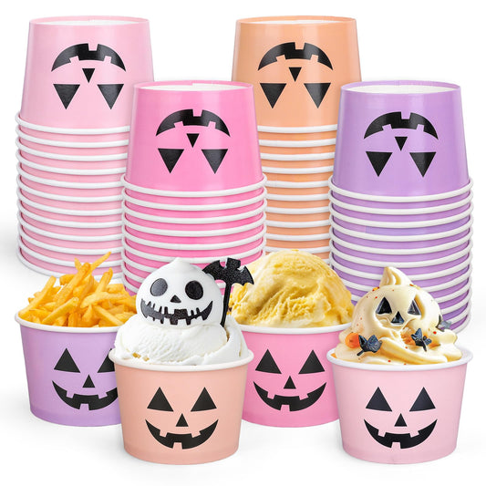JarThenaAMCS 48 Pcs Halloween Snack Cups Ghost Pumpkin Face Disposable Bowls 9oz Colored Ice Cream Dessert Treat Paper Bowls for Trick or Treat Birthday Baby Shower Party Food Supplies