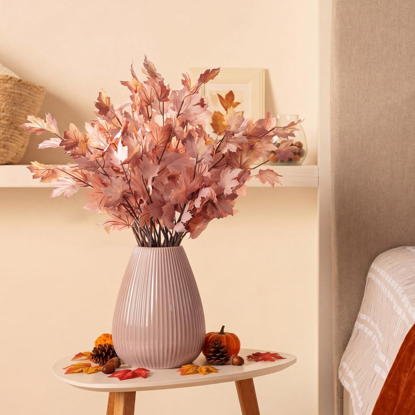 Suncalla 12 Pcs Fall Artificial Maple Leaves Stems, 37 Inch Neutral Fake Autumn Maple Foliage Branch for Thanksgiving Table Centerpiece, Boho Halloween Farmhouse Vase Filler(Dusty Blush Pink)