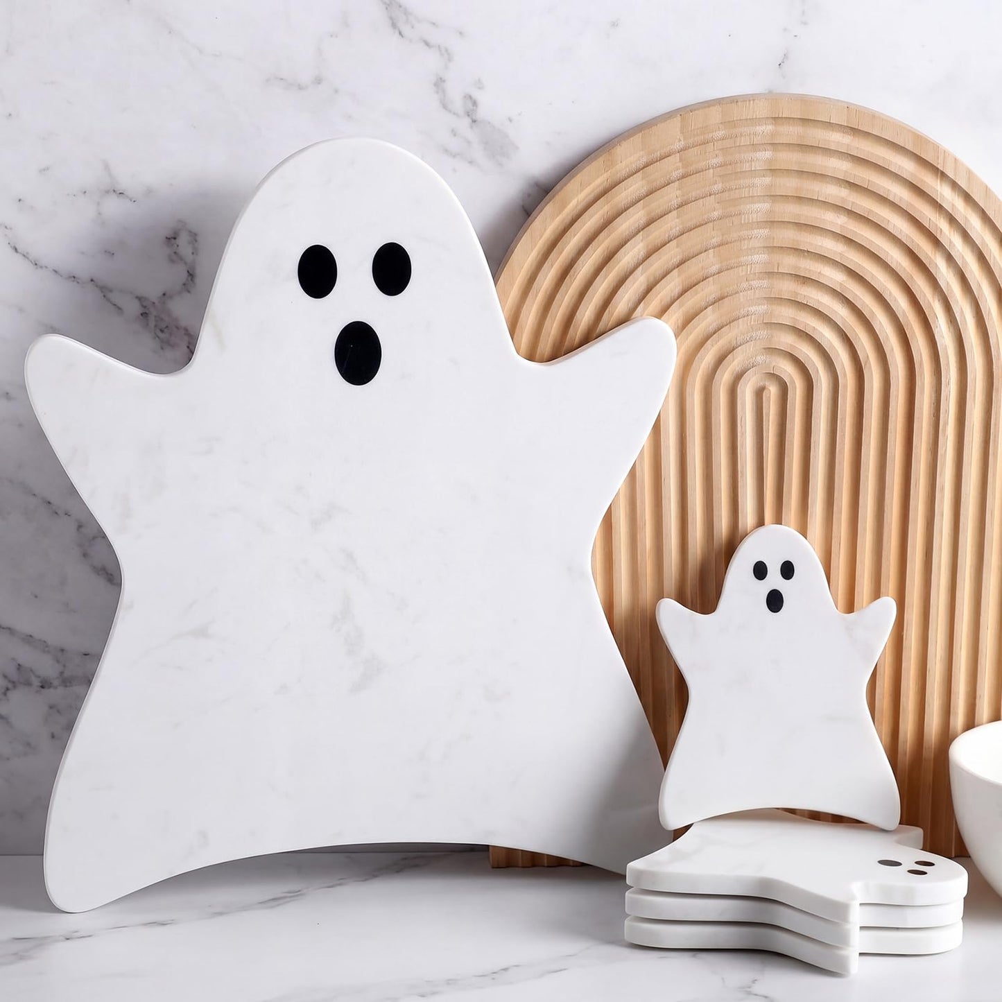 Reallnaive Halloween Ghost Marble Cheese Board with 4 Ghost Coasters Set Charcuterie Cutting Tray Halloween Marble Serving Decorative for Decoration Charcuterie Kitchen