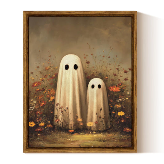 InSimSea Framed Canvas Wall Art Double Ghost in Wildflower Field, Vintage Halloween Ghost Painting, Rustic Farmhouse Gothic Decor, Cute Spooky Artwork for Living Room Bedroom Entryway, 8x10 Inch