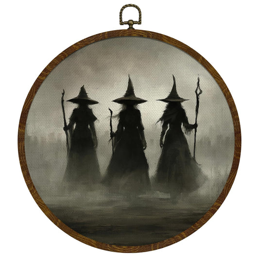 KLYTINK Vintage Witch Round Wall Art Decor,Dark Moody Gothic Witchs Canvas Print Circular Frame Wall Art for Bedroom Living Room Entryway, Country Gothic Home Decor 10x10Inch (Dark-witch)