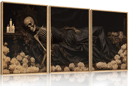 DRACIT Spooky Halloween Dark Gothic Skull Framed Canvas Wall Art Set,Vintage Skeleton Wall Decor,Moody White Roses Candle with Silk Drape Artwork for Living Room,Bedroom,Farmhouse-16 x24 x3