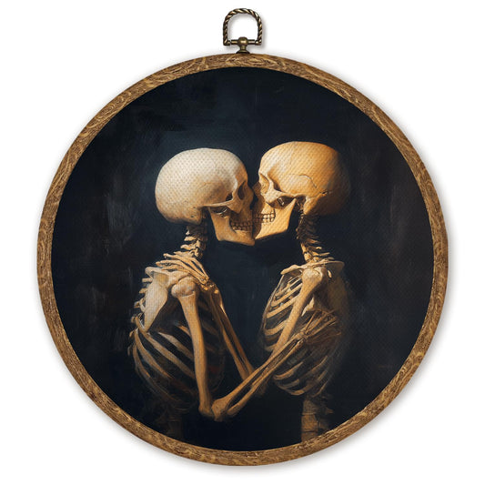 Vintage Skeleton Couple Kissing Round Wall Art Decor, Dark Academia Skeleton Canvas Prints, Gothic Circular Wall Decor for Home Gallery Bedroom,Unique Gift for Valentine's Day 10''x10'' (Grey-skeletons)