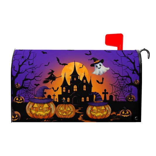 Halloween Night Ghost Mailbox Covers Bat Castle Spooky Pumpkin Lanterns Mailbox Post Cover Letter Box for Garden Standard Size 21x18 in for Yard Home Decor