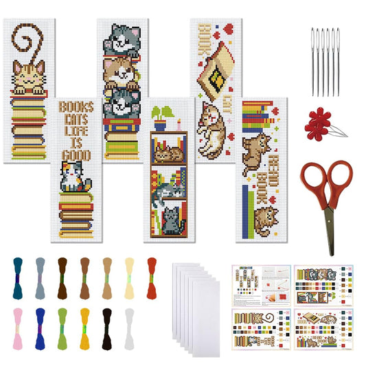 FREEBLOSS 6 Set Cross Stitch Bookmark Kits Cat and Books Bookmarks DIY Stamped Embroidery Bookmark Kit for Beginner Cross Stitch Kit DIY Embroidery Bookmarks Crossstitch Projects for Book Lovers