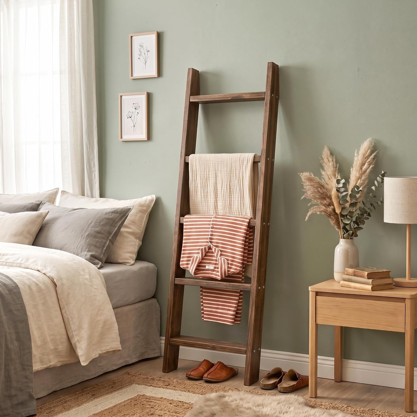 MyGift 4ft Tall Rustic Burnt Natural Wood Wall Leaning Blanket Ladder Shelf with 5 Rungs, Decorative Living Room Throw and Quilt Holder, Farmhouse Bedroom Decor