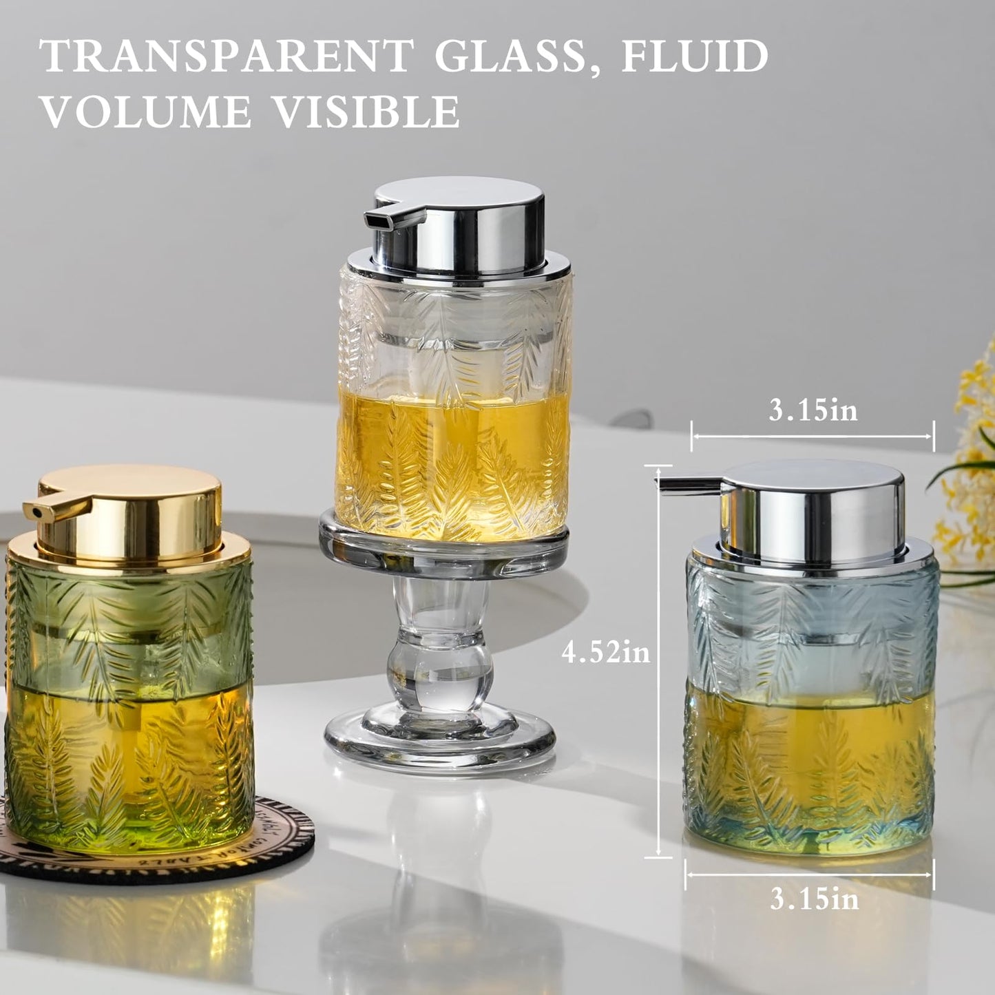 CICUFY Foaming Hand Soap Dispenser - Glass Foam or Lotion Dispenser for Kitchen & Bathroom, Refillable with Large Silver Pump (Leaf Pattern-Clear)