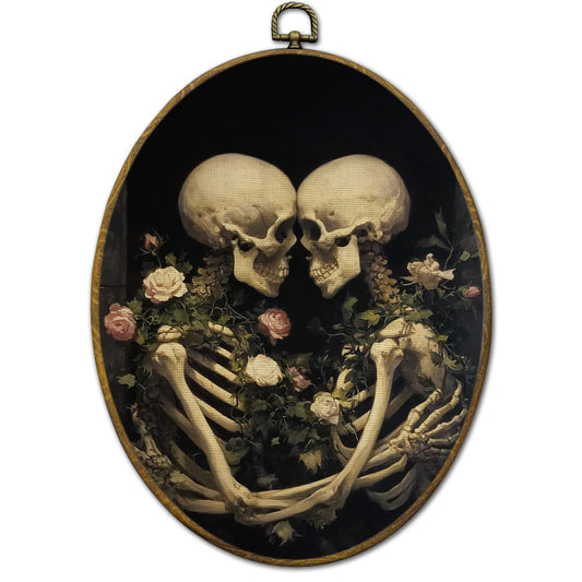 QZQE Vintage Romantic Couple Skeleton Oval Wall Art Decor Framed, Dark Academia Floral Skull Oval Canvas Prints, Gothic Skeleton Wall Hanging Decor for Home Bedroom Living Room, 8.6x11.4 Inch