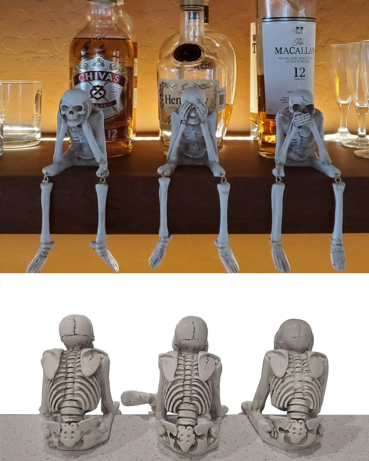 KcBlueJp Halloween Decorations Indoor Skeleton Statues See Speak Hear No Evil Figurines for Mantel Table - Realistic Resin Skull Spooky Gothic Home Decor Set of 3