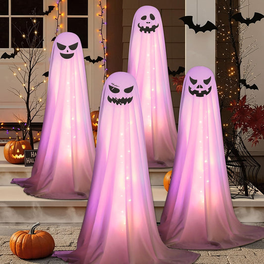 Vinsot 4 Packs Halloween Decorations Outdoor Spooky Ghost Halloween Decor with String Lights Scary Standing Ghosts Decor Lights Decorations for Porches Yards Gardens Lawn (Smile)