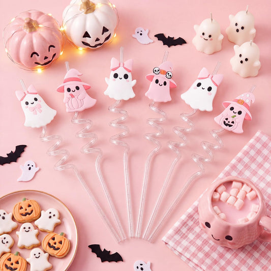 Acellegic 24 Pcs Halloween Reusable Plastic Straws Bulk Pink White Ghost Glitter Plastic Straws Cute Cartoon Ghost Decoration for Adults Halloween Party Supplies Birthday Party Favors