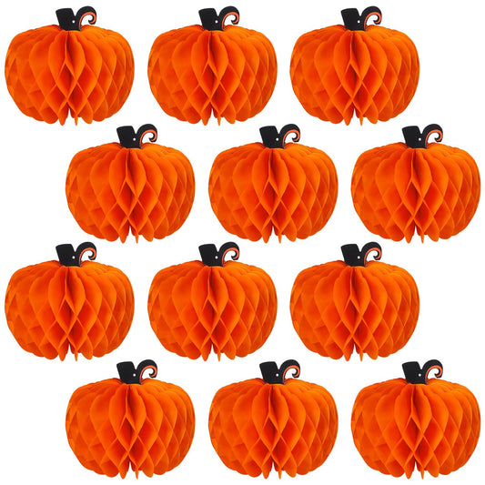 12 Pcs Fall Pumpkin Honeycomb Paper Decorations, Thanksgiving Pumpkins Table Centerpieces Hanging Pumpkin Honeycomb Tissue Balls for Halloween Thanksgiving Harvest Party Decor