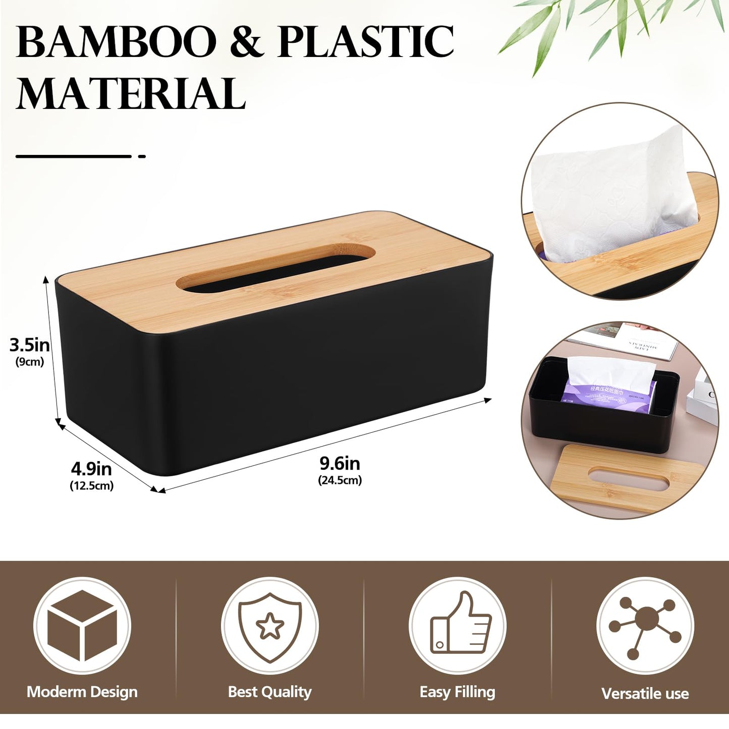 Teenyyou 2 Pcs Tissue Box Cover Square Plastic Tissue Holders 5x9 Inch Holder Wood Cover Plate for Bathrooms, Kitchen, Office, Home, Bedroom Dresser, Countertop(Black)