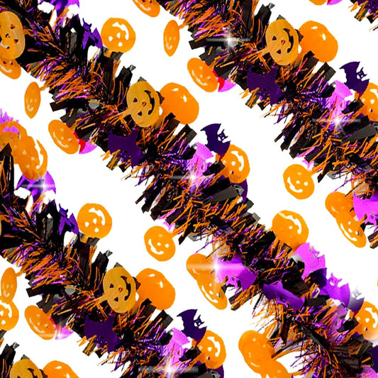 RUPOFUZA Halloween Tinsel Garland with Orange Pumpkin & Glisten Purple Bat Fluffy Fall Tassel Twist Garland Tree Ornaments for Halloween Party Home Indoor Outdoor Decorations - 66FT