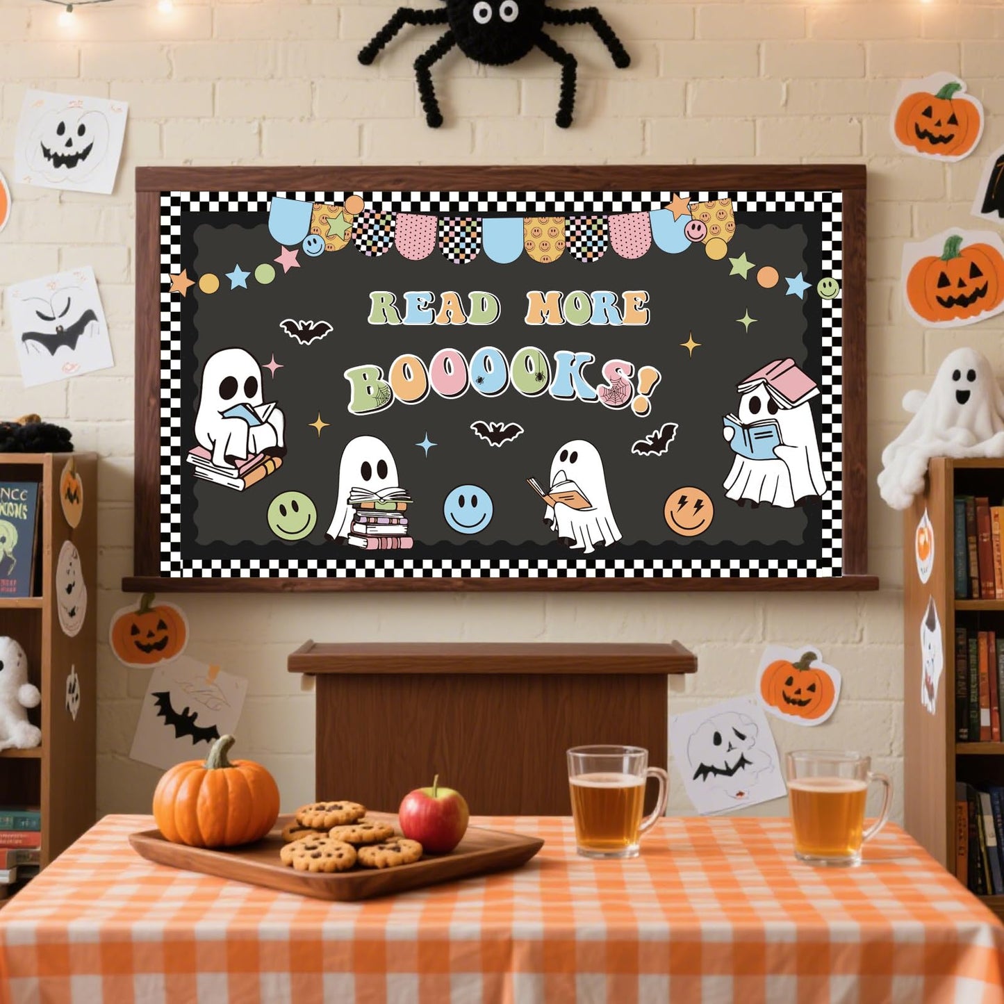 JarThenaAMCS 89 Pcs Halloween Bulletin Board Decoration Set Ghost Book Paper Cutouts with Glue Points for Party School Nursery Classroom Chalkboard Office Home Wall Decor