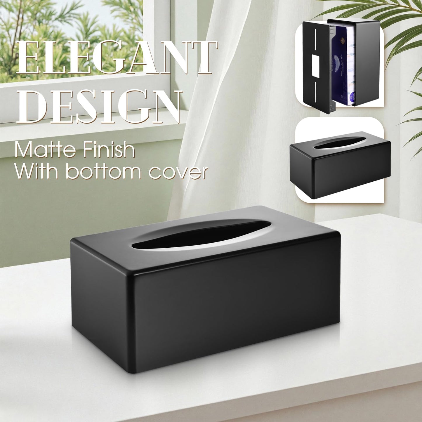 Y-in Hand Tissue Box Cover, Rectangle Facial Tissue Holder with Bottom, Decorative Storage Organizer Box for Bathroom Vanity, Countertops, Dressers, Night Stand, Parlors and Offices - Matte Black