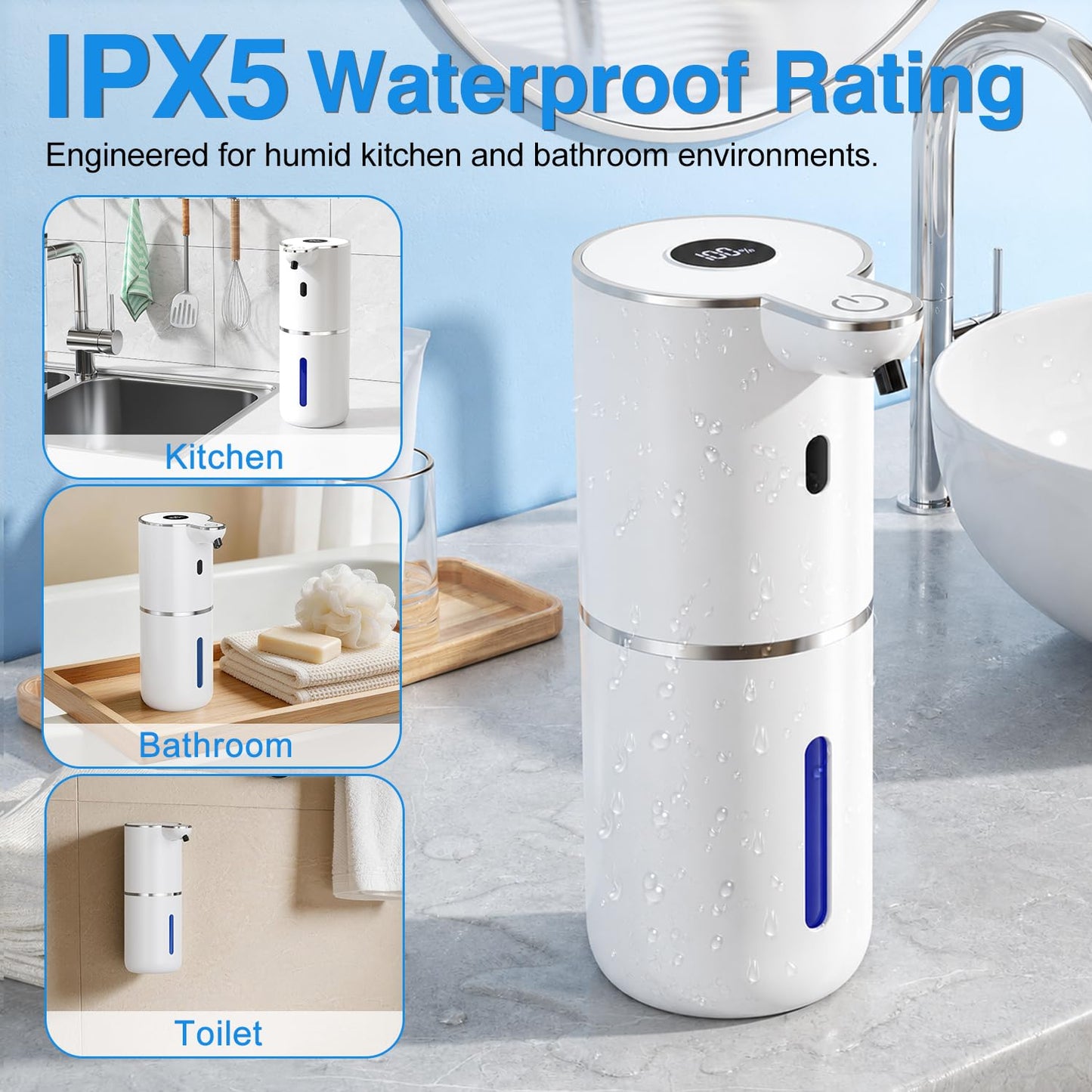 Automatic Soap Dispenser with Smart Digital Display, Touchless Rechargeable Hand & Dish Liquid Soap Dispenser for Kitchen & Bathroom - 6 Adjustable Level, Wall Mounted, 380ml IPX5 Waterproof