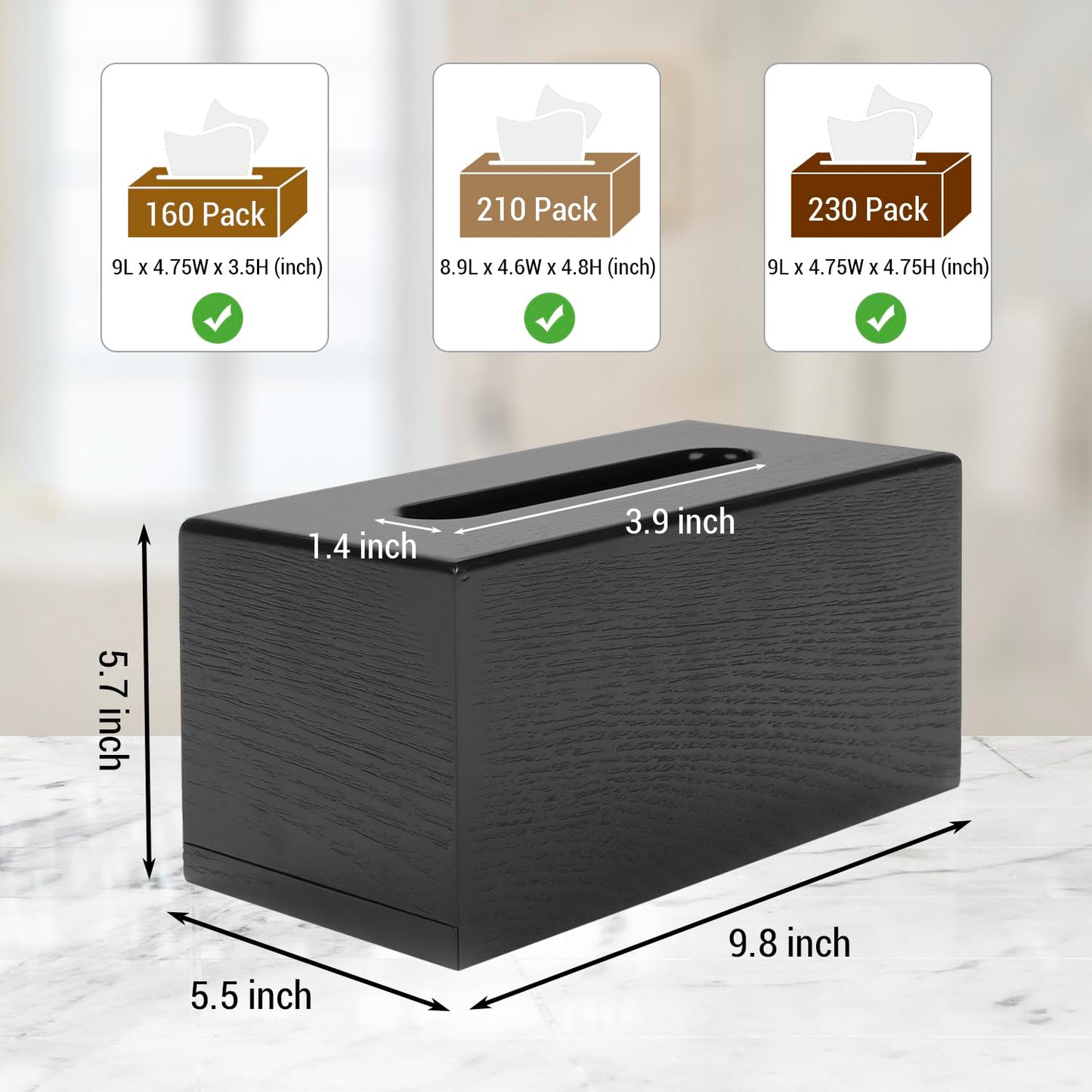 MyGift Modern Black Wood Grain Tissue Box Cover with Easy Refill Slide Out Bottom, Refillable Bathroom Facial Napkin Tissue Box Holder