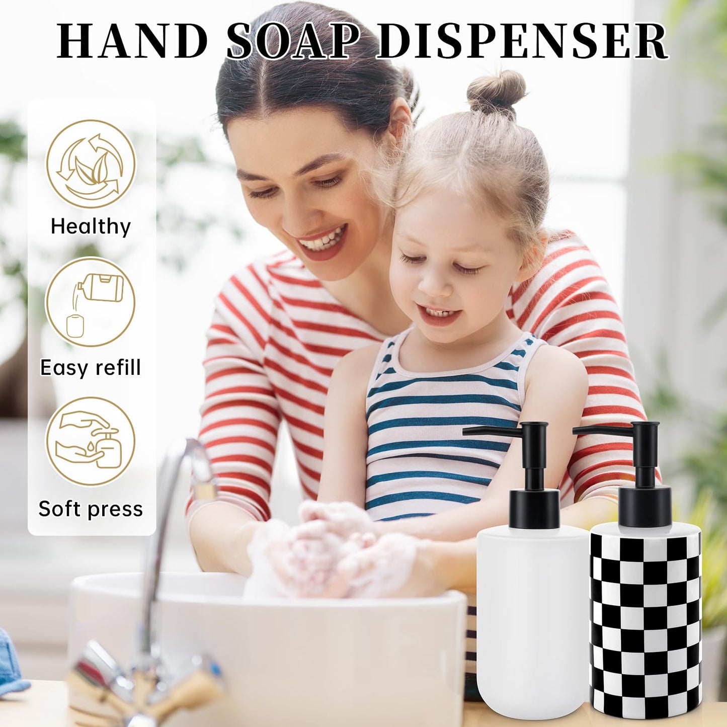 Soap Dispenser with Matte Black Pump, Ceramic Soap Dispenser Bathroom, Checkerboard Dish Soap Lotion Dispenser for Kitchen Sink, Black & White Plaid Refillable Liquid Hand Soap Bottle