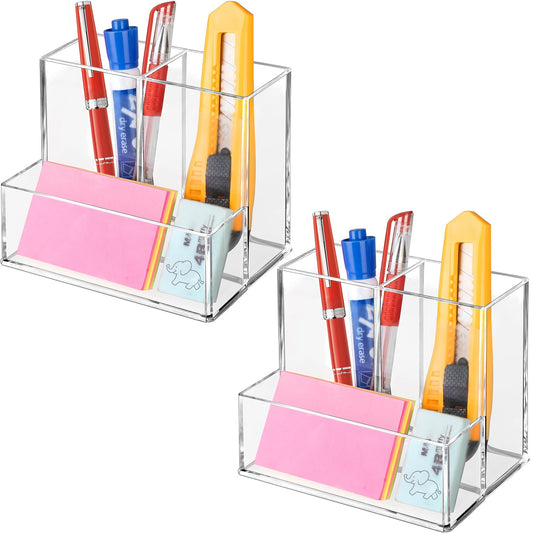 Banafich 2 Packs Pen Holder for Desk, Clear Acrylic Pencil Holder for Desk, Marker Holder with 3 Compartments, Pencil Organizer for Home, Office, Classroom, Bathroom