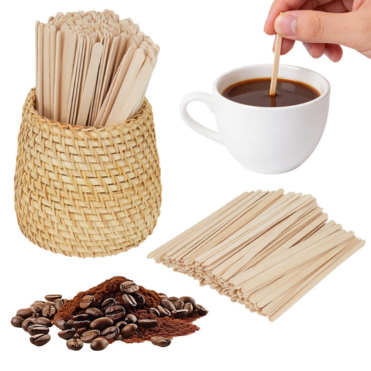 200-Count Coffee Stirrers Holder, 5-Inch Rattan Cocktail Stirrers, Wood Stir Sticks for Hot or Cold Beverages, Coffee Bar, Home Kitchen, Party Supplies & Halloween Decor (wood color)
