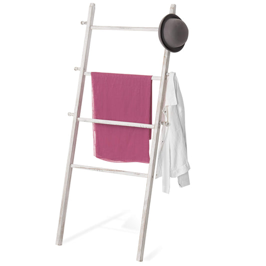 MyGift 63 Inch Wooden Blanket Ladder, White Quilt Towel Holder Rack, Wall Leaning 4 Rungs and 6 Pegged Hooks Farmhouse Decorative Furniture
