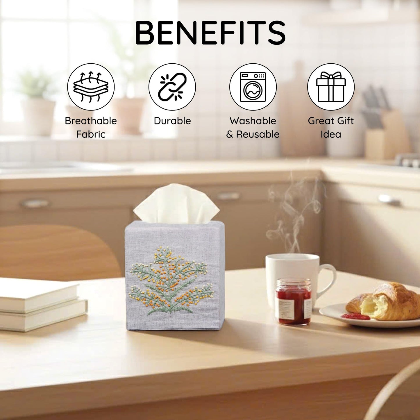 EmbroideryLinen.VN Cloth Tissue Box Cover Cute Set of 2, Square Linen Tissue Holder with French Knot Hand Embroidered Flowers Pattern, Home, Office, Kitchen Decor, 4.5x4.5x5.5 Inches (Grey)