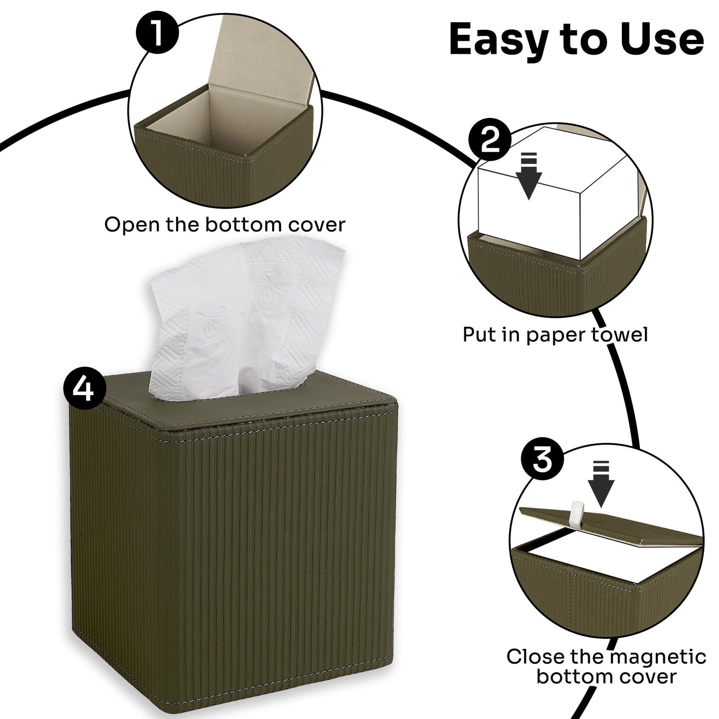 DODAMOUR Elegant Faux Leather Tissue Box Cover, Ribbed Design with Weighted Base & Magnetic Closure - Modern Decor for Bathroom, Bedroom or Office (Olive Green)