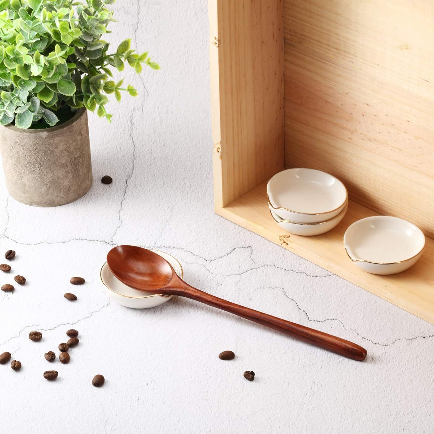 Boao 2.7 Inches Mini Ceramic Spoon Rests, Gold Rim Kitchen Spoon Rests, Mini Cooking Season Soup Holder for Stove Top Countertop, Teaspoon Rest, Coffee Stir Rest (white, 4 Pieces)