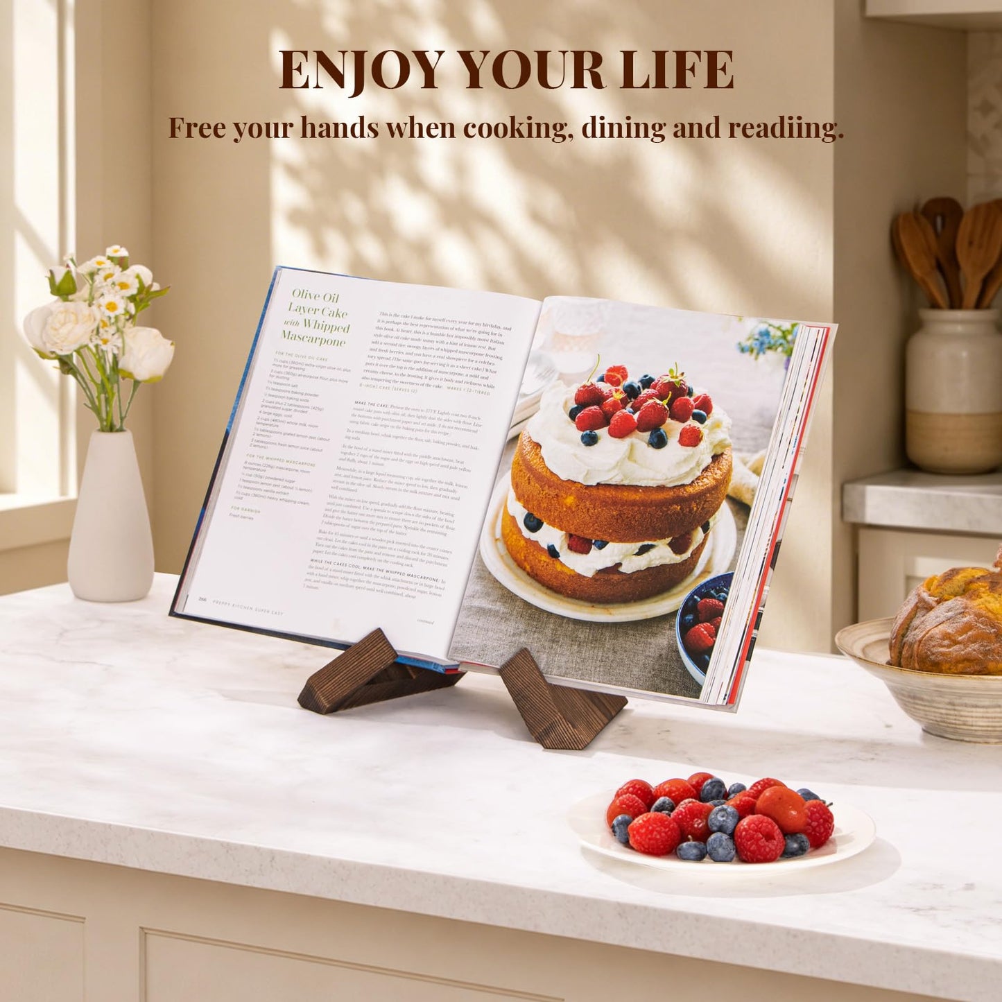 PUERSI Cookbook Stand for Kitchen, Recipe Book Holder for Kitchen Counter, Wooden Cookbook Holder, Rustic Cook Book Holder Stand - Rustic Brown - 1 Set