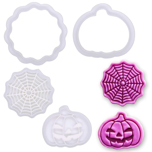 BAKERLOGY Trick-or-Treat Mini Cookie Cutter & Stamp Set (Jack-o’-Lantern Pumpkin & Spiderweb Designs) – Cute Halloween Fondant Embossing Stamp Cutters for Spooky Baking, Cupcake Toppers & Party Treats
