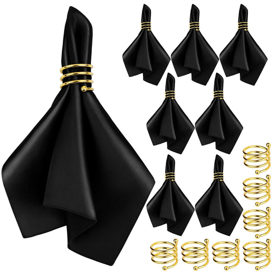 MCEAST Satin Cloth Napkins and Napkin Rings Set of 8, Smooth Fabric Table Napkins and Napkin Holder for Wedding, Birthday Dinner Party, Family Gatherings, Table Decor (Black, 17 x 17 Inches)