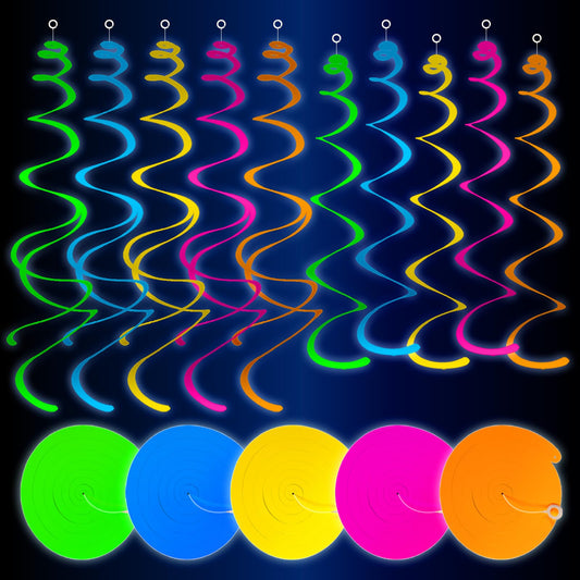 HonuGoGo 48ct Fluorescent Neon Hanging Swirl Decorations, 5-Color Paper Swirls Glow in Blacklight, Ceiling and Wall Decorations for Birthday, Festival, School Dance, and Glow-in-the-Dark Celebrations