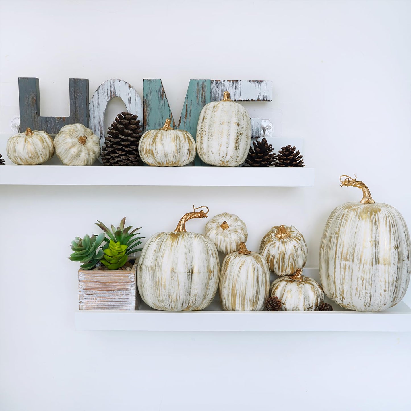 Winlyn 10 Pcs Assorted Fall Artificial Pumpkins - Gold & White Decorative Foam Pumpkins for Wedding, Thanksgiving, Halloween, Baby Shower, Tabletop, Centerpiece, Mantel Decor