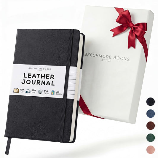 BEECHMORE BOOKS Premium Lined Leather Journal for Men & Women, 5" x 8" (A5) Thick 120gsm Ivory Cream Paper Notebook, Hardcover Vegan Leather Personal Diary, With Gift Box (Charcoal Black)