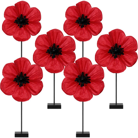 Amyhill 6 Pcs Artificial Red Poppy Flowers Table Centerpiece with Wooden Base Poppy Paper Flowers for Veterans Day Home Office Witch Theme Party Decor Supplies Photography Props