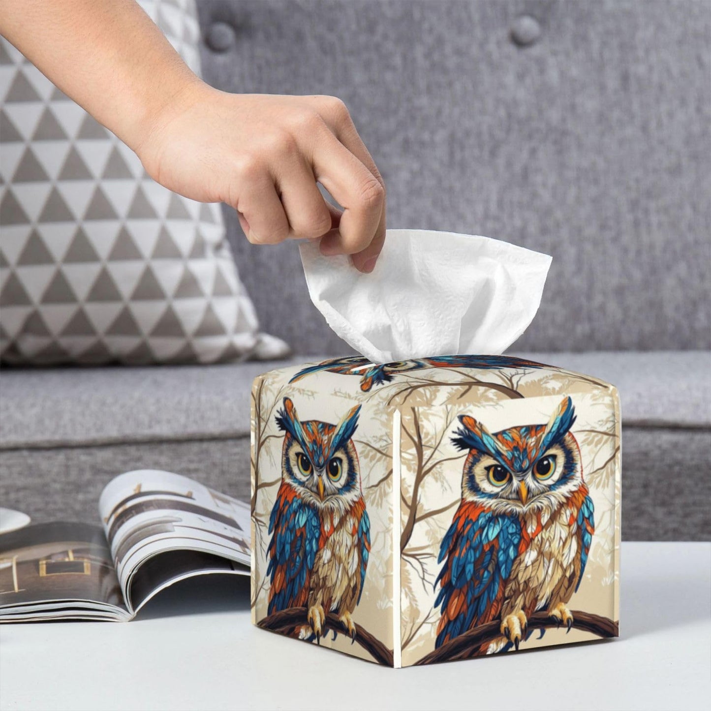 Cute Owl Tissue Box Cover Square, Waterproof Leather Tissue Box Holder Portable Dispenser Modern Home Decoration for Bathroom Car Nightstand Vanity