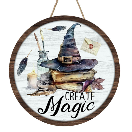 Bolisom Create Magic Witch Hat Front Door Sign, Vintage Magical Wizard Books Wood Plaque Hanger Library Reading Corner Home Decor, Farmhouse Wooden Wreath Indoor Wall Hanging Decoration