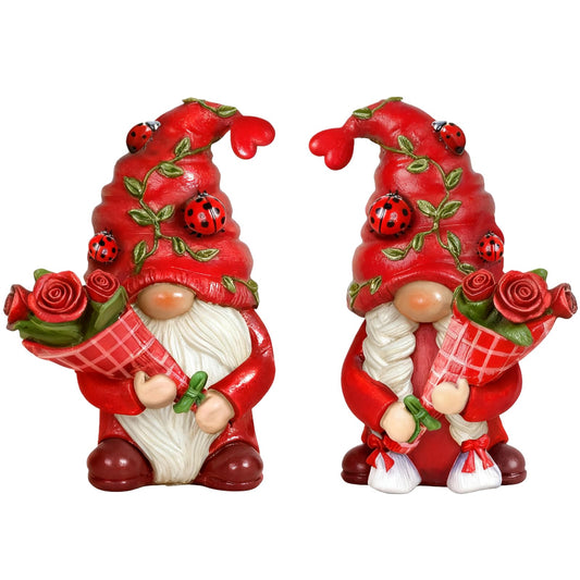 Eousera Red Roses Gnome Figurines - Indoor Home Office Spring Decor, Romantic Summer Gnomes Gifts for Women, Resin Ladybug Dwarf for Desk Shelf Decorations
