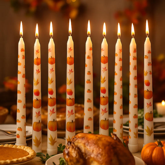 8 Pcs Fall Taper Candles 10'' Hand Painted Pumpkin Thanksgiving Taper Candles Autumn Maple Leaves Fall Halloween Decor Harvest Thanksgiving Decorations