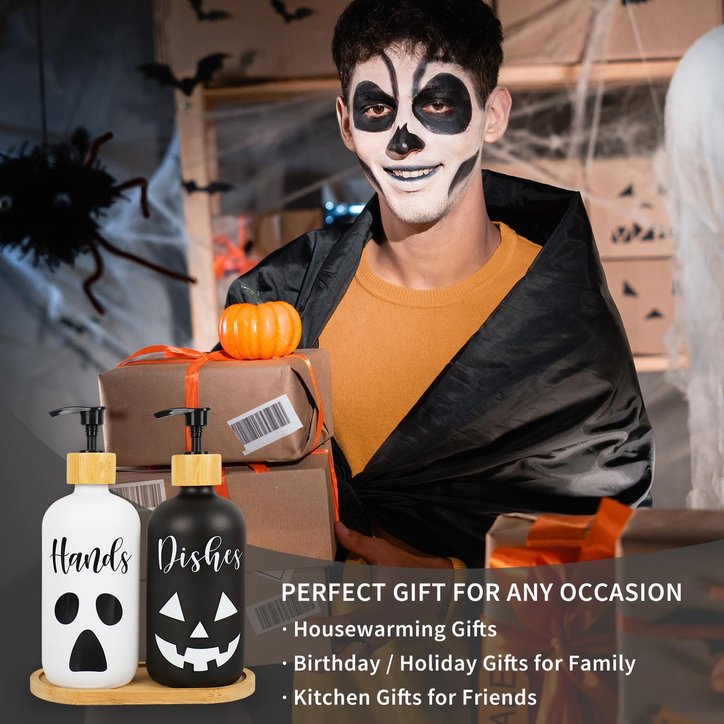 JarThenaAMCS 2Pcs Halloween Soap Dispenser Ghost Pumpkin Face Hand and Dish Glass Dispenser with Pump 16 Oz Refillable White Black Liquid Soap Container for Kitchen Bathroom
