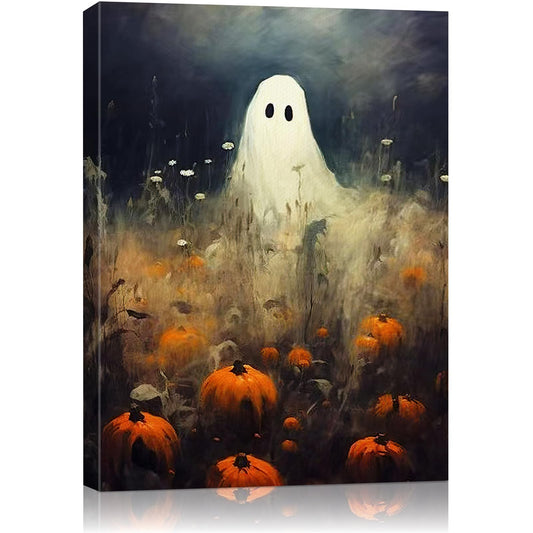 Halloween Canvas Wall Art, Spooky Ghost in Pumpkin Patch Poster, Vintage Gothic Fall Decor, Dark Academia Fall Decor for Living Room, Framed Indoor Halloween Decorations