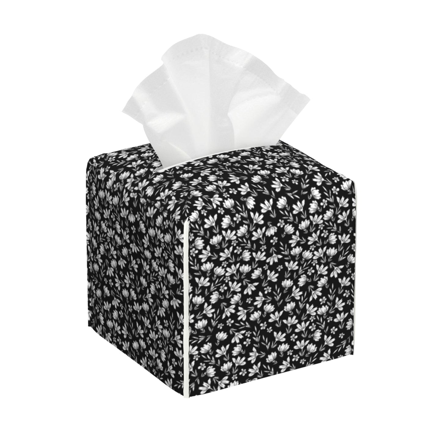 POIUBLE Leather Tissue Box Holder Black and White Flowers Tissue Box Cover Square Waterproof Tissue Holder Organizer Modern Napkin Holder for Bedroom Dresser Night Stand Office Desk