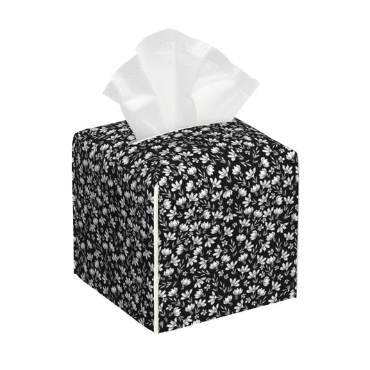 POIUBLE Leather Tissue Box Holder Black and White Flowers Tissue Box Cover Square Waterproof Tissue Holder Organizer Modern Napkin Holder for Bedroom Dresser Night Stand Office Desk