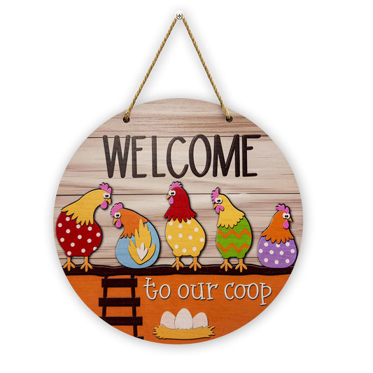 Midrean 11.8" Wooden Farmhouse Rustic Coop Welcome Wreaths for Front Porch Door Sign Decorations Round Wood Hanging Home Decor(Colorful)