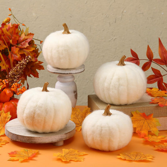 Preboun 4 Pieces Large Wool Fall White Pumpkin Thanksgiving Decor Artificial Fabric Pumpkin Harvest Felt Fake Pumpkins for Decorating for Fall, Thanksgiving, Halloween, Wedding Parties Decoration