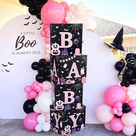 AmazingSpark 4 Pcs Pink Ghost Halloween Baby Shower Boxes with Letters Halloween A Little Boo Is Almost Due Candy Box Decor with Letters Blocks Baby Shower Centerpiece for Party Backdrop